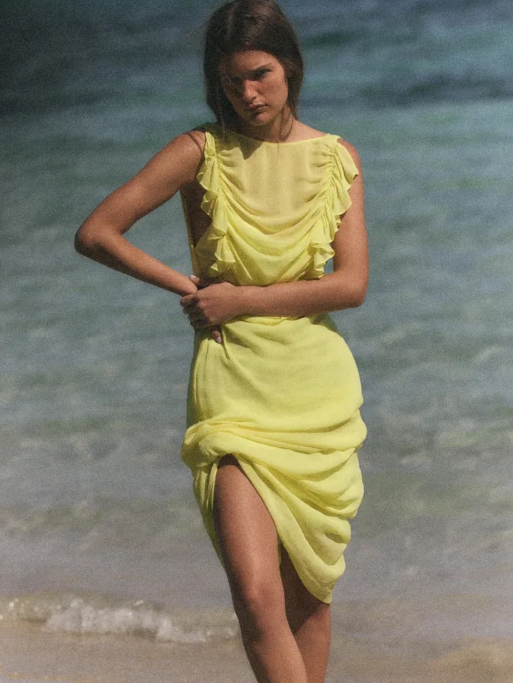 Zara NWT LONG GEORGETTE DRESS yellow size large 2717/109